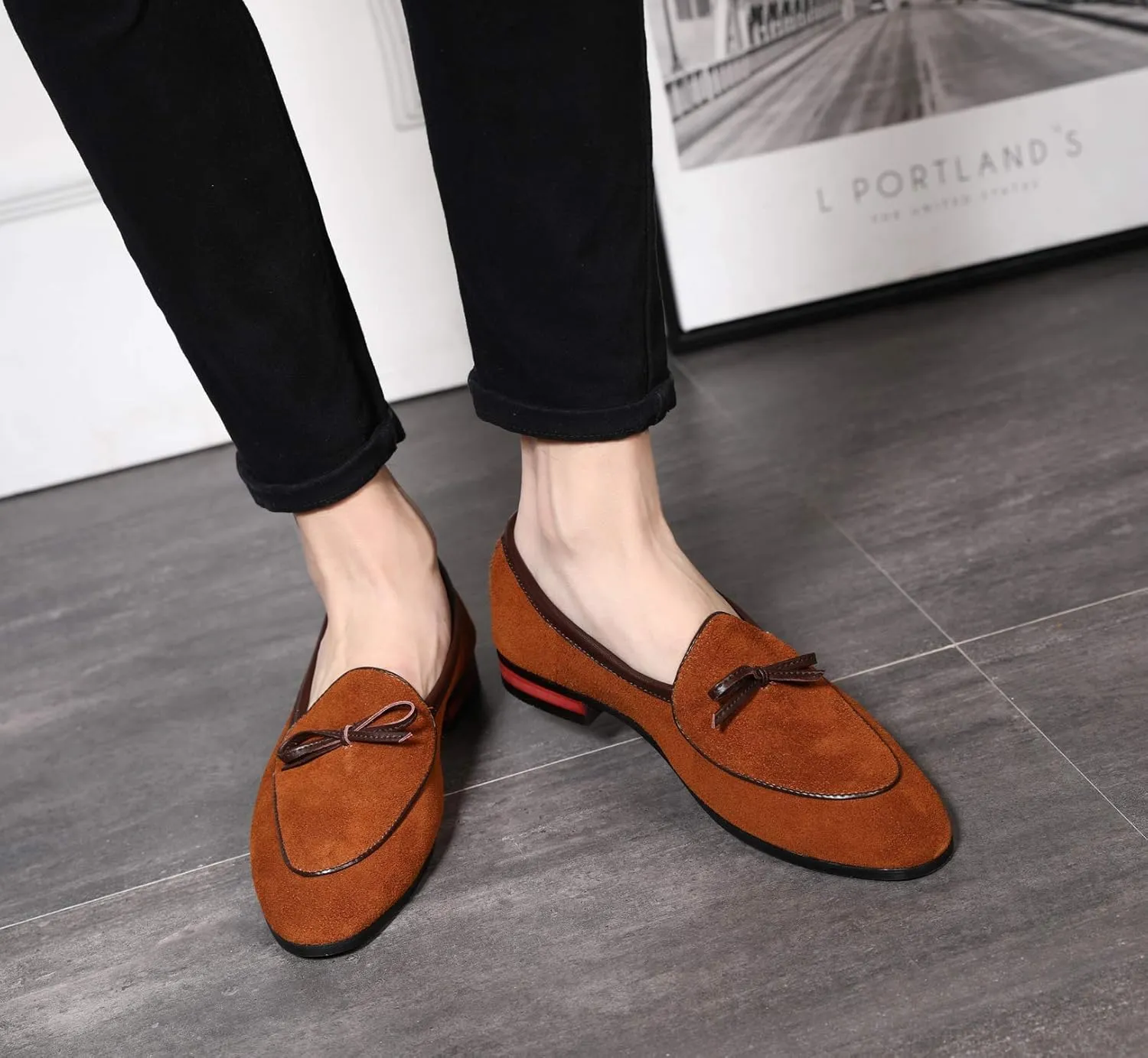 Santimon Mens Dress Shoes Smoking Slippers Casual Bow Slip-on Suede Flats Penny-Loafers Black Brown Tan