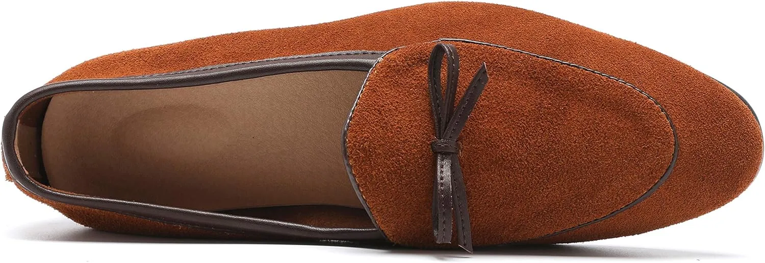 Santimon Mens Dress Shoes Smoking Slippers Casual Bow Slip-on Suede Flats Penny-Loafers Black Brown Tan