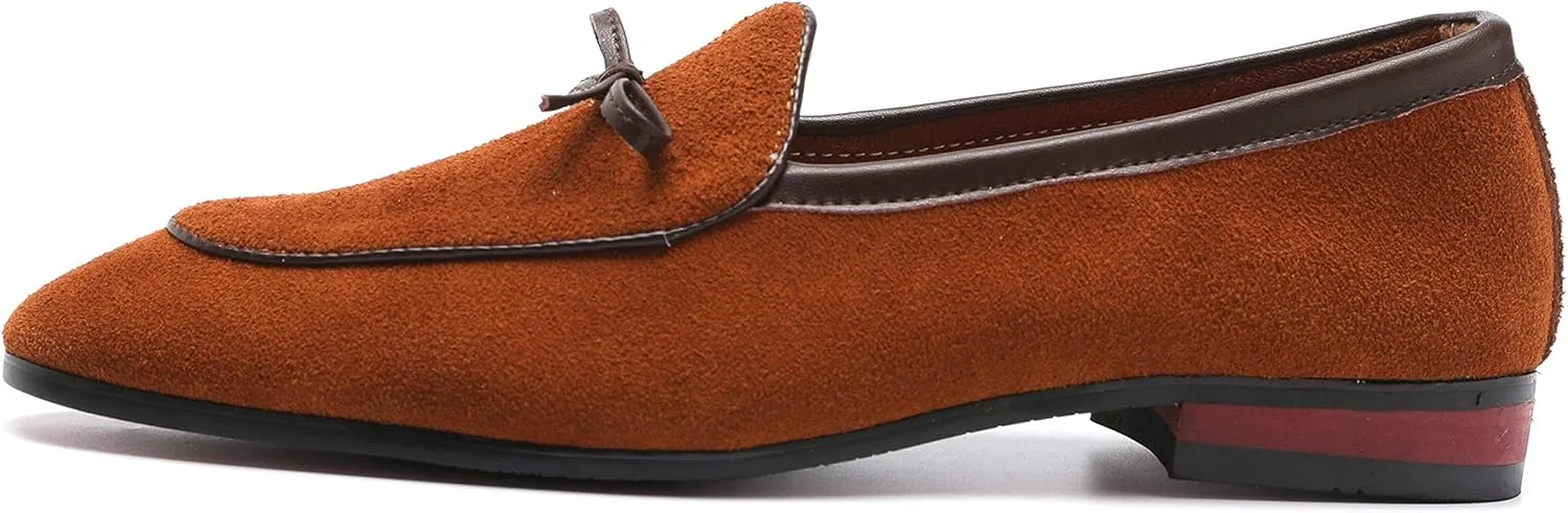 Santimon Mens Dress Shoes Smoking Slippers Casual Bow Slip-on Suede Flats Penny-Loafers Black Brown Tan