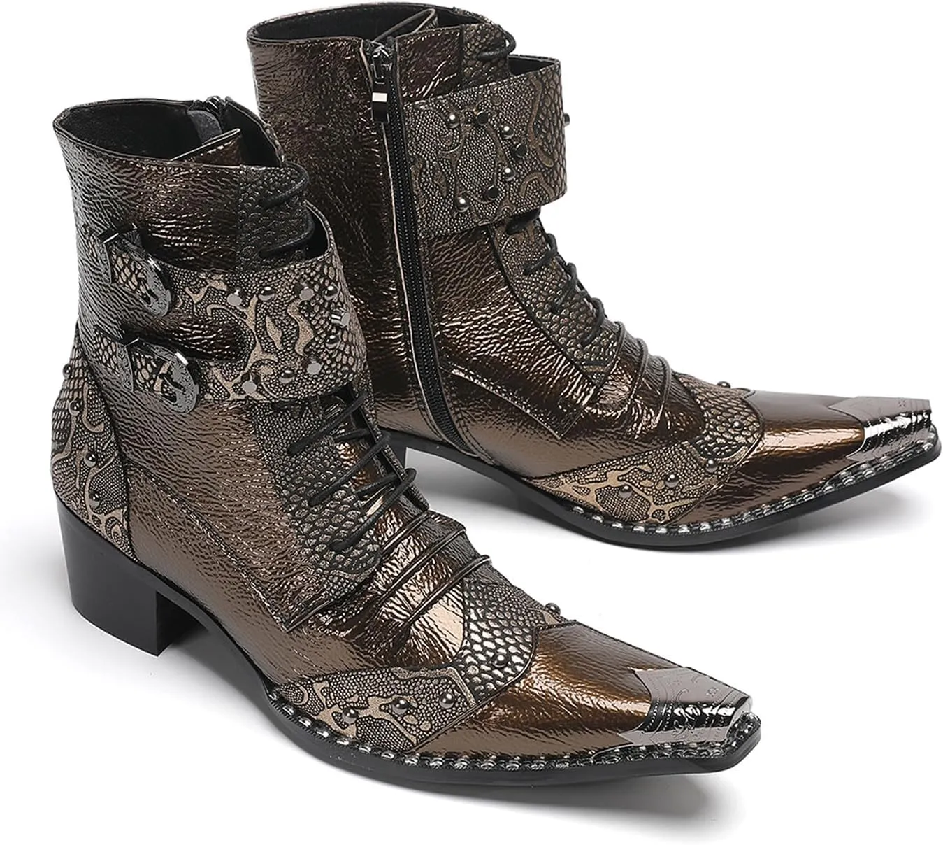 Santimon Men's Genuine Leather Cowboy Boots – Western Dress Boots with Metal Wingtip Toe & Buckle/Bead Details | Mid-Top Boots for Casual, Party & Motorcycle Wear | Rock, Prom & Ballroom Style