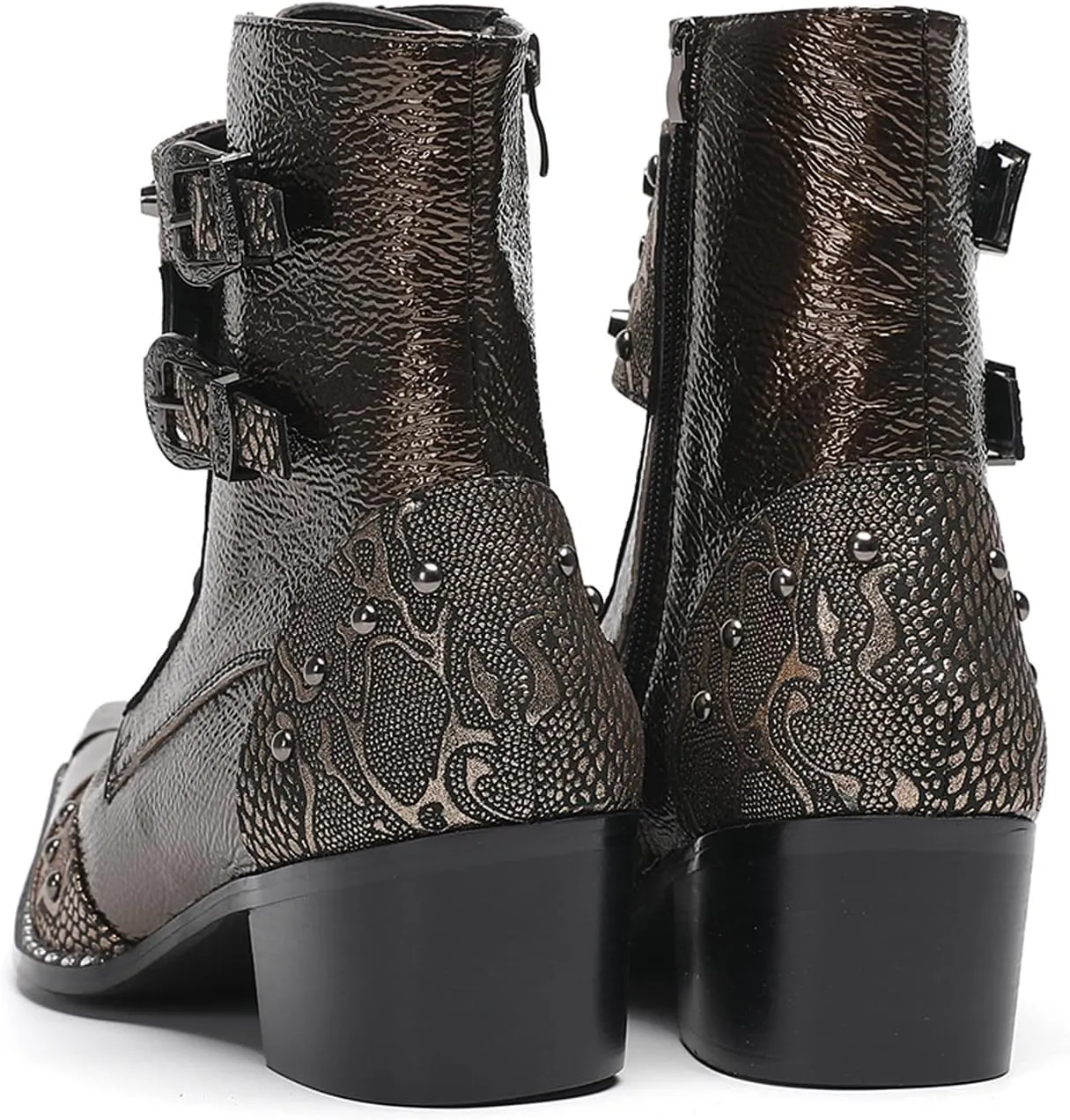 Santimon Men's Genuine Leather Cowboy Boots – Western Dress Boots with Metal Wingtip Toe & Buckle/Bead Details | Mid-Top Boots for Casual, Party & Motorcycle Wear | Rock, Prom & Ballroom Style