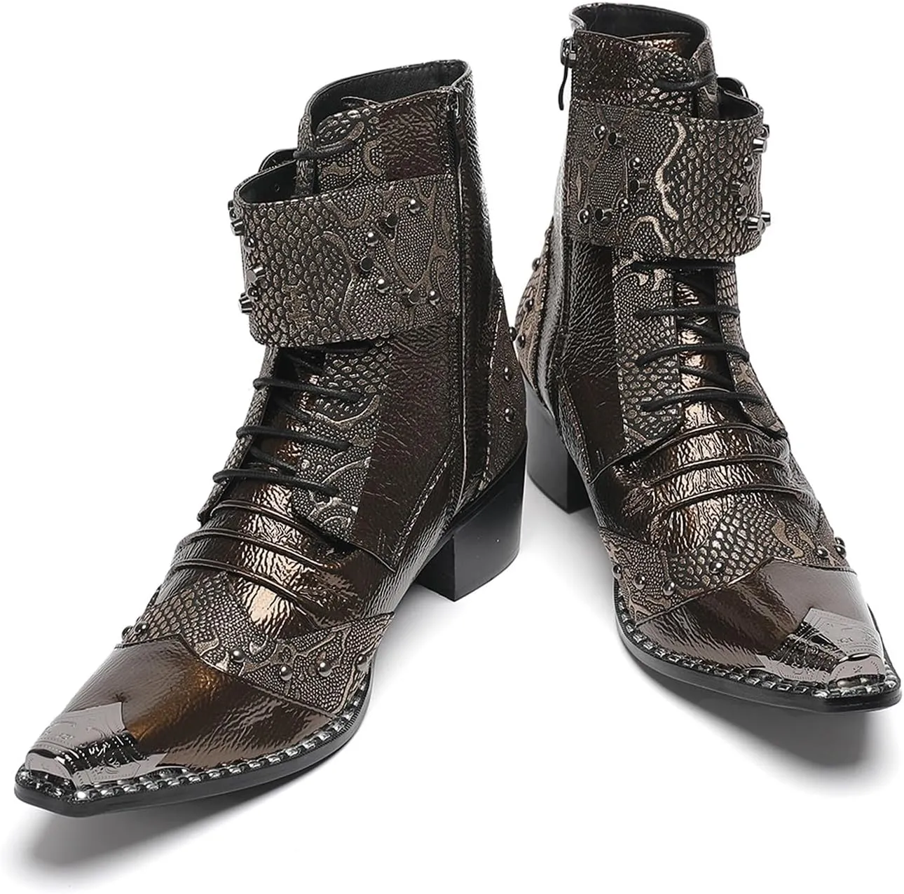 Santimon Men's Genuine Leather Cowboy Boots – Western Dress Boots with Metal Wingtip Toe & Buckle/Bead Details | Mid-Top Boots for Casual, Party & Motorcycle Wear | Rock, Prom & Ballroom Style