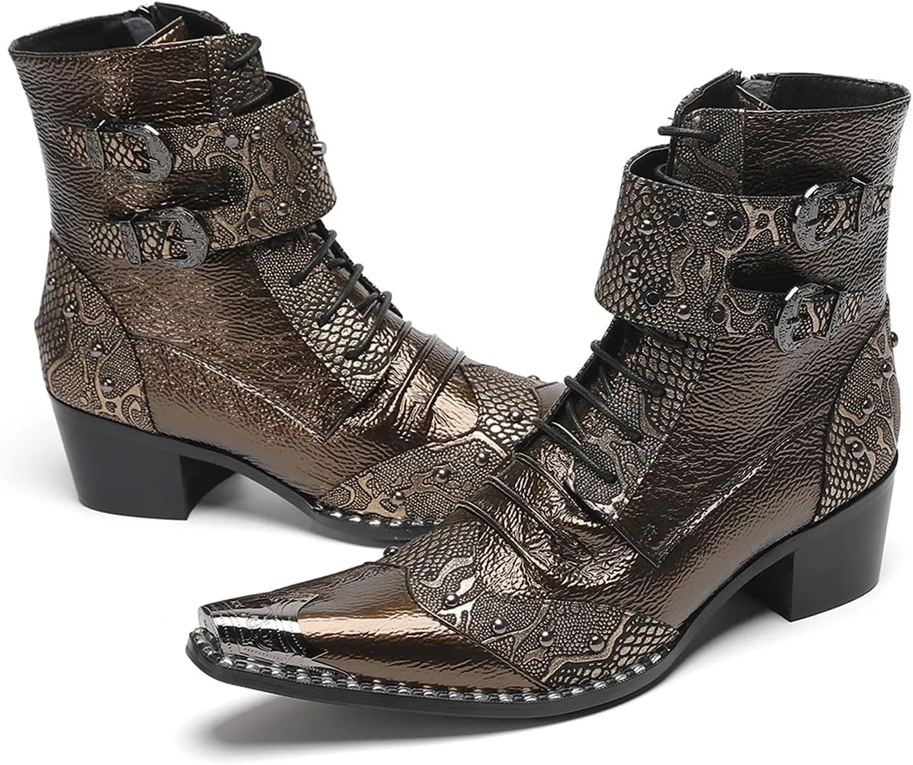Santimon Men's Genuine Leather Cowboy Boots – Western Dress Boots with Metal Wingtip Toe & Buckle/Bead Details | Mid-Top Boots for Casual, Party & Motorcycle Wear | Rock, Prom & Ballroom Style
