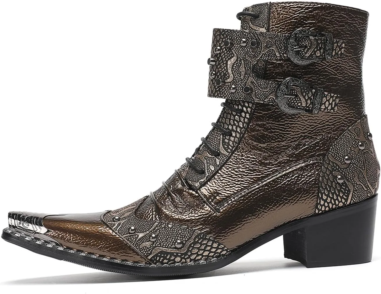 Santimon Men's Genuine Leather Cowboy Boots – Western Dress Boots with Metal Wingtip Toe & Buckle/Bead Details | Mid-Top Boots for Casual, Party & Motorcycle Wear | Rock, Prom & Ballroom Style