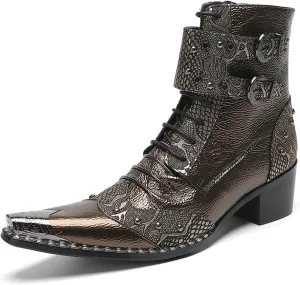 Santimon Men's Genuine Leather Cowboy Boots – Western Dress Boots with Metal Wingtip Toe & Buckle/Bead Details | Mid-Top Boots for Casual, Party & Motorcycle Wear | Rock, Prom & Ballroom Style