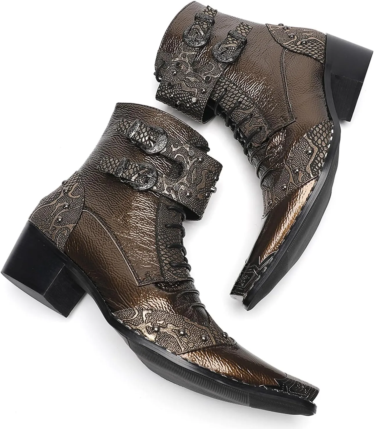 Santimon Men's Genuine Leather Cowboy Boots – Western Dress Boots with Metal Wingtip Toe & Buckle/Bead Details | Mid-Top Boots for Casual, Party & Motorcycle Wear | Rock, Prom & Ballroom Style