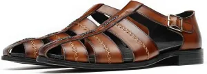 Santimon Men's Leather Sandals, Braided Strap Design with Adjustable Buckle, Comfortable and Stylish Closed-Toe Summer Casual Shoes