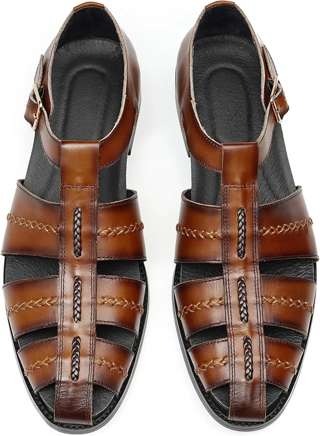 Santimon Men's Leather Sandals, Braided Strap Design with Adjustable Buckle, Comfortable and Stylish Closed-Toe Summer Casual Shoes