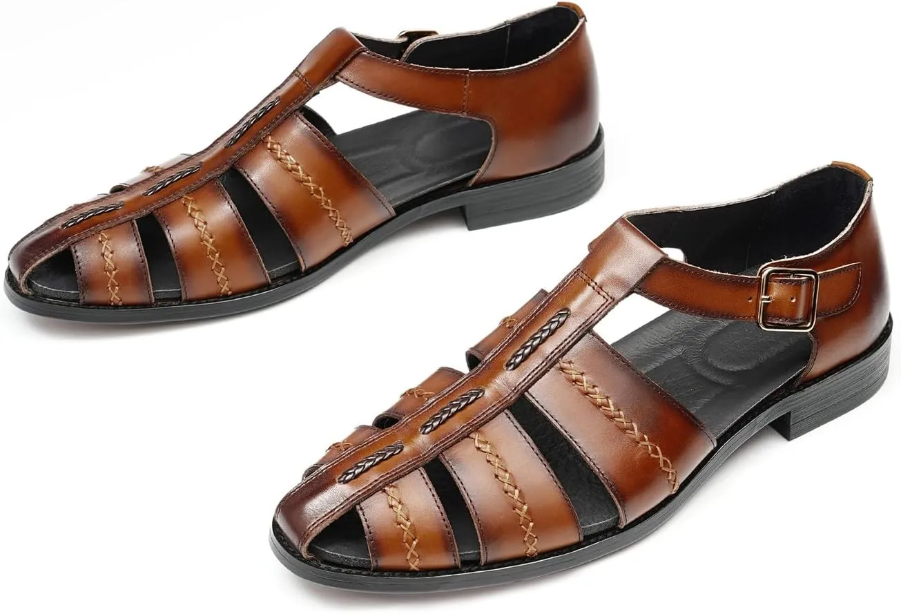Santimon Men's Leather Sandals, Braided Strap Design with Adjustable Buckle, Comfortable and Stylish Closed-Toe Summer Casual Shoes