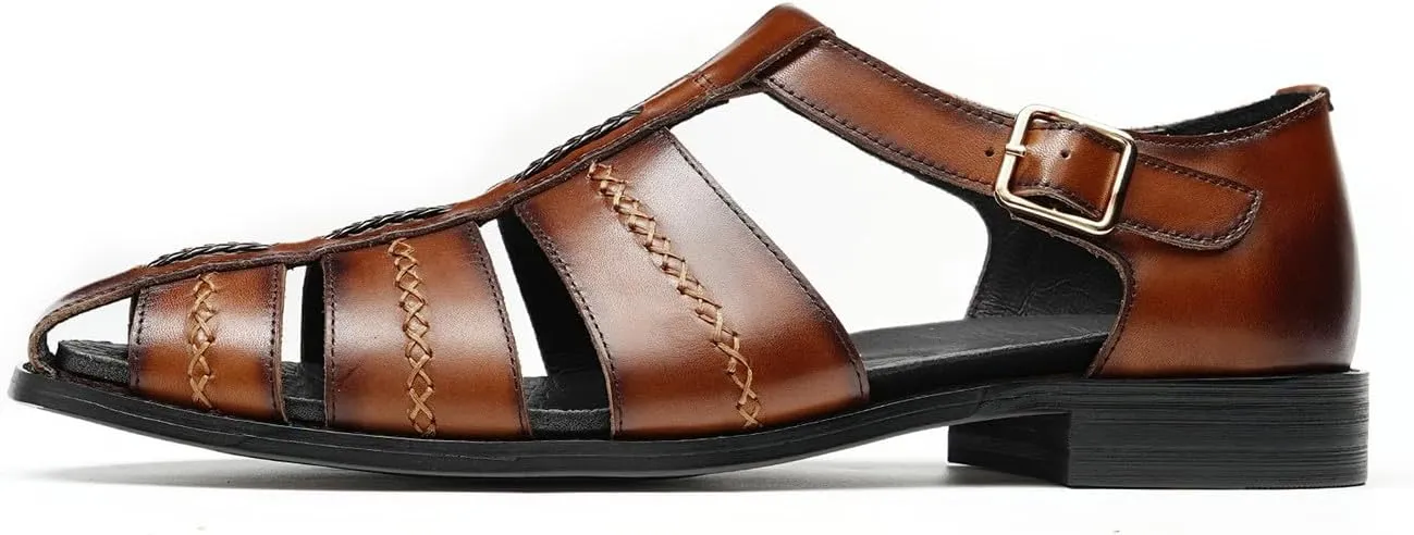 Santimon Men's Leather Sandals, Braided Strap Design with Adjustable Buckle, Comfortable and Stylish Closed-Toe Summer Casual Shoes