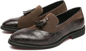Santimon Men’s Tassel Loafers Leather & Suede Slip-On Dress Shoes, Elegant Crocodile Pattern Formal Shoes for Weddings, Business, Casual Black/Brown