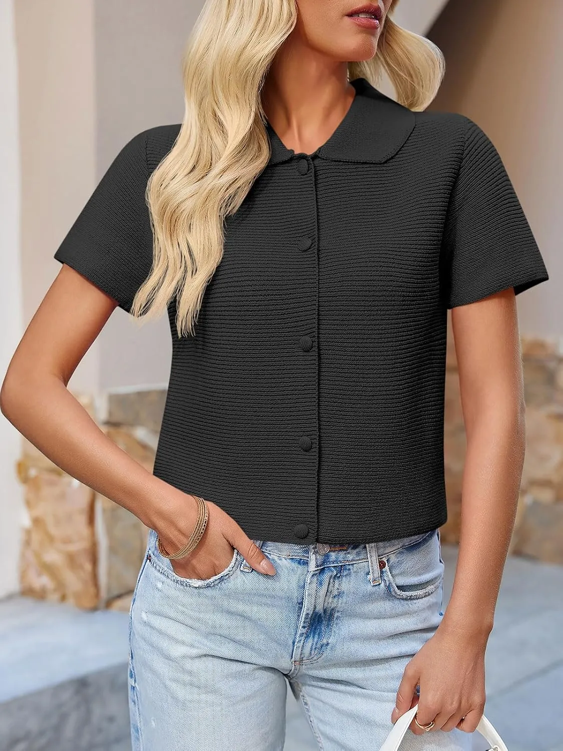 Saodimallsu Womens Short Sleeve Cropped Cardigans Casual Summer Button Down Collared Lightweight Loose Knit Sweater Top