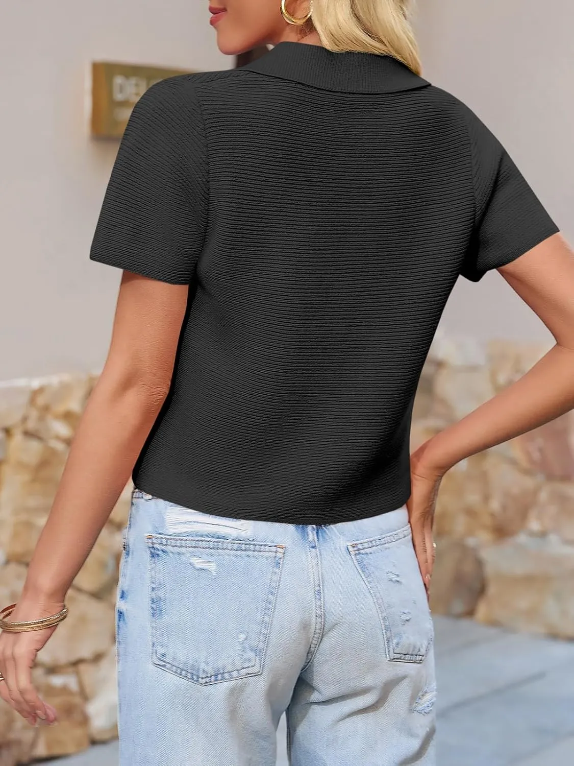 Saodimallsu Womens Short Sleeve Cropped Cardigans Casual Summer Button Down Collared Lightweight Loose Knit Sweater Top