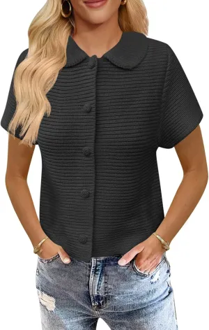 Saodimallsu Womens Short Sleeve Cropped Cardigans Casual Summer Button Down Collared Lightweight Loose Knit Sweater Top