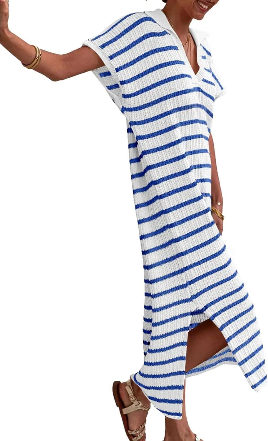 Saodimallsu Womens Striped Summer Dresses Short Sleeve V Neck Knit Collared Sexy Slit Loose Maxi Sweater Dress