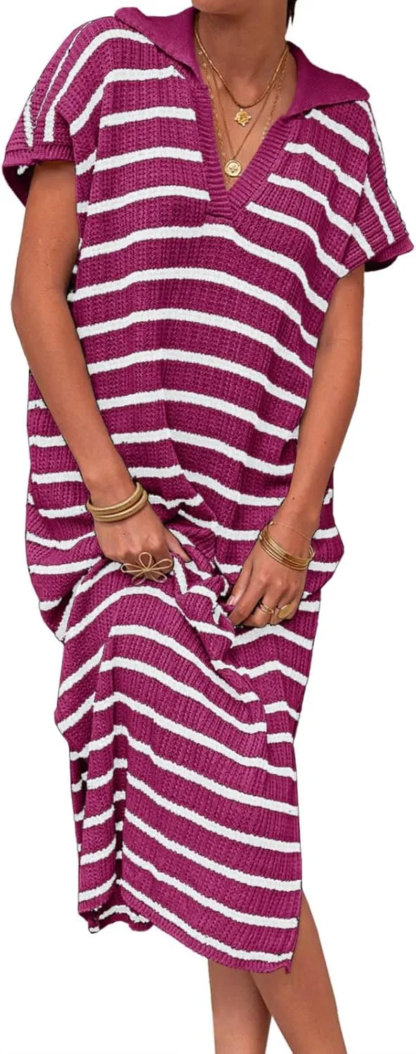 Saodimallsu Womens Striped Summer Dresses Short Sleeve V Neck Knit Collared Sexy Slit Loose Maxi Sweater Dress