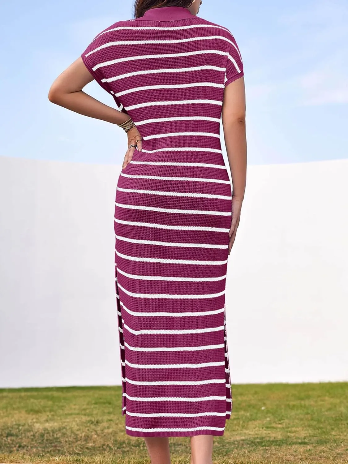 Saodimallsu Womens Striped Summer Dresses Short Sleeve V Neck Knit Collared Sexy Slit Loose Maxi Sweater Dress