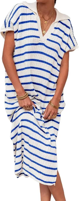 Saodimallsu Womens Striped Summer Dresses Short Sleeve V Neck Knit Collared Sexy Slit Loose Maxi Sweater Dress