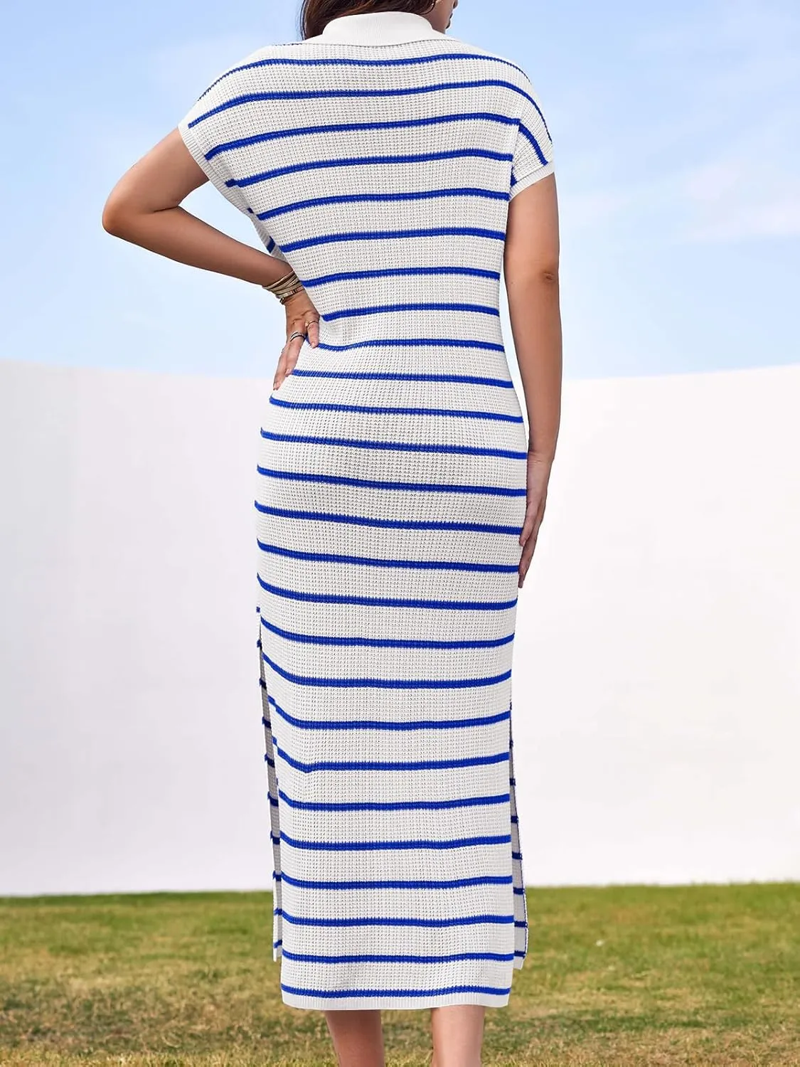 Saodimallsu Womens Striped Summer Dresses Short Sleeve V Neck Knit Collared Sexy Slit Loose Maxi Sweater Dress