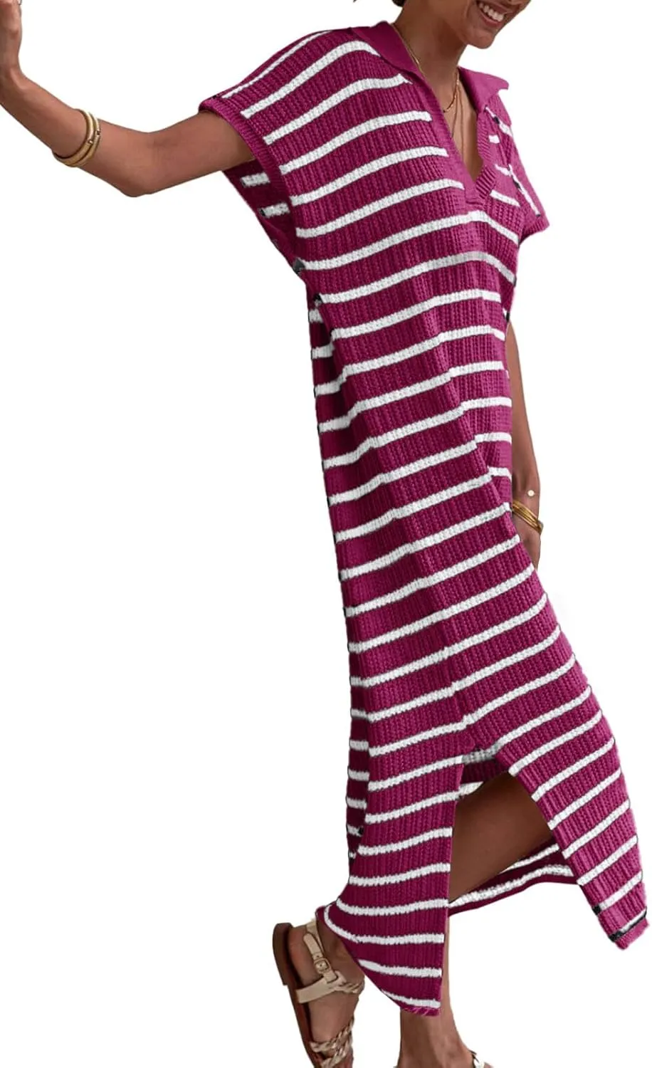 Saodimallsu Womens Striped Summer Dresses Short Sleeve V Neck Knit Collared Sexy Slit Loose Maxi Sweater Dress