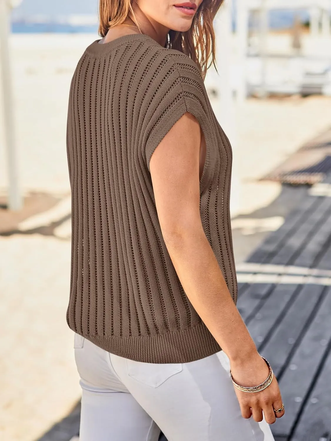 Saodimallsu Womens Summer Crochet Sweater Vest Cap Sleeve Knit Tops Casual Crewneck Sleeveless Sweaters