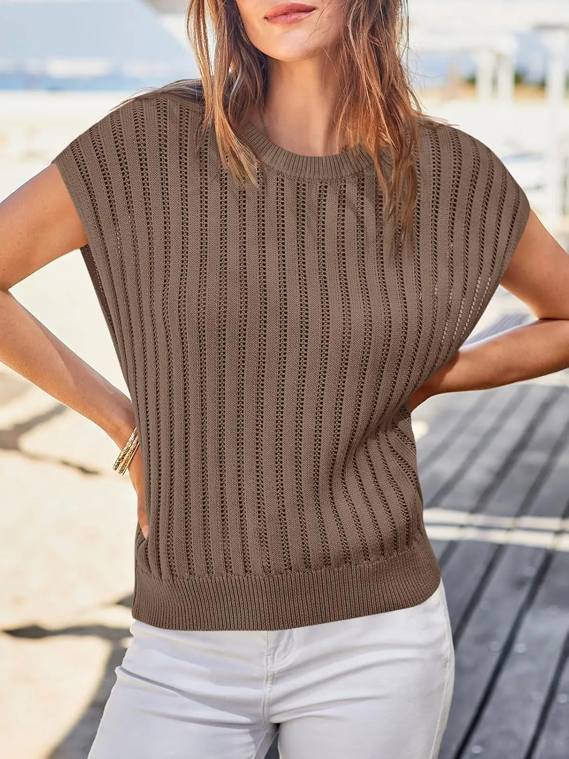 Saodimallsu Womens Summer Crochet Sweater Vest Cap Sleeve Knit Tops Casual Crewneck Sleeveless Sweaters