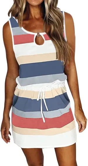 SAUKOLE Womens Summer Causal Loose Sleeveless Crew Neck Drawstring Waist Mini Short Dress with Pockets