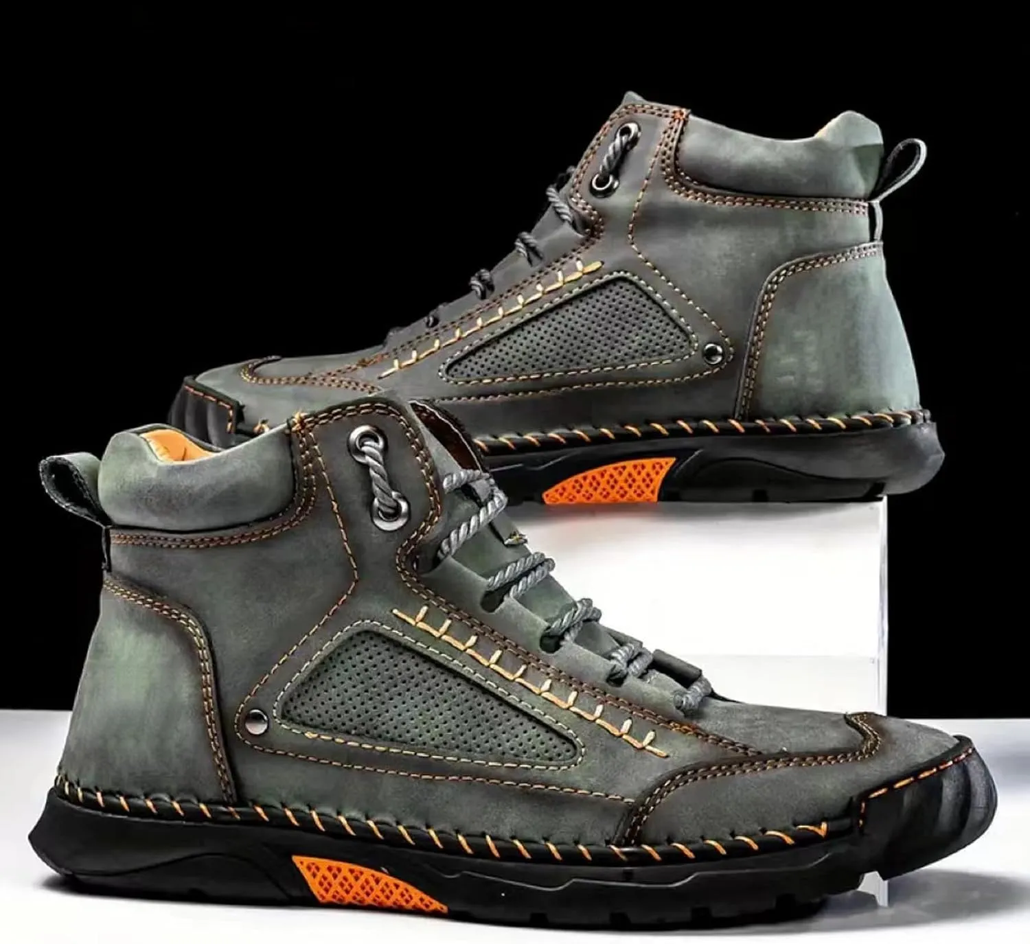 Sawbehind Men's Comfortable Handmade Leather Boots,Arch Support,Spacious Toe Box Outdoor Leather Shoes