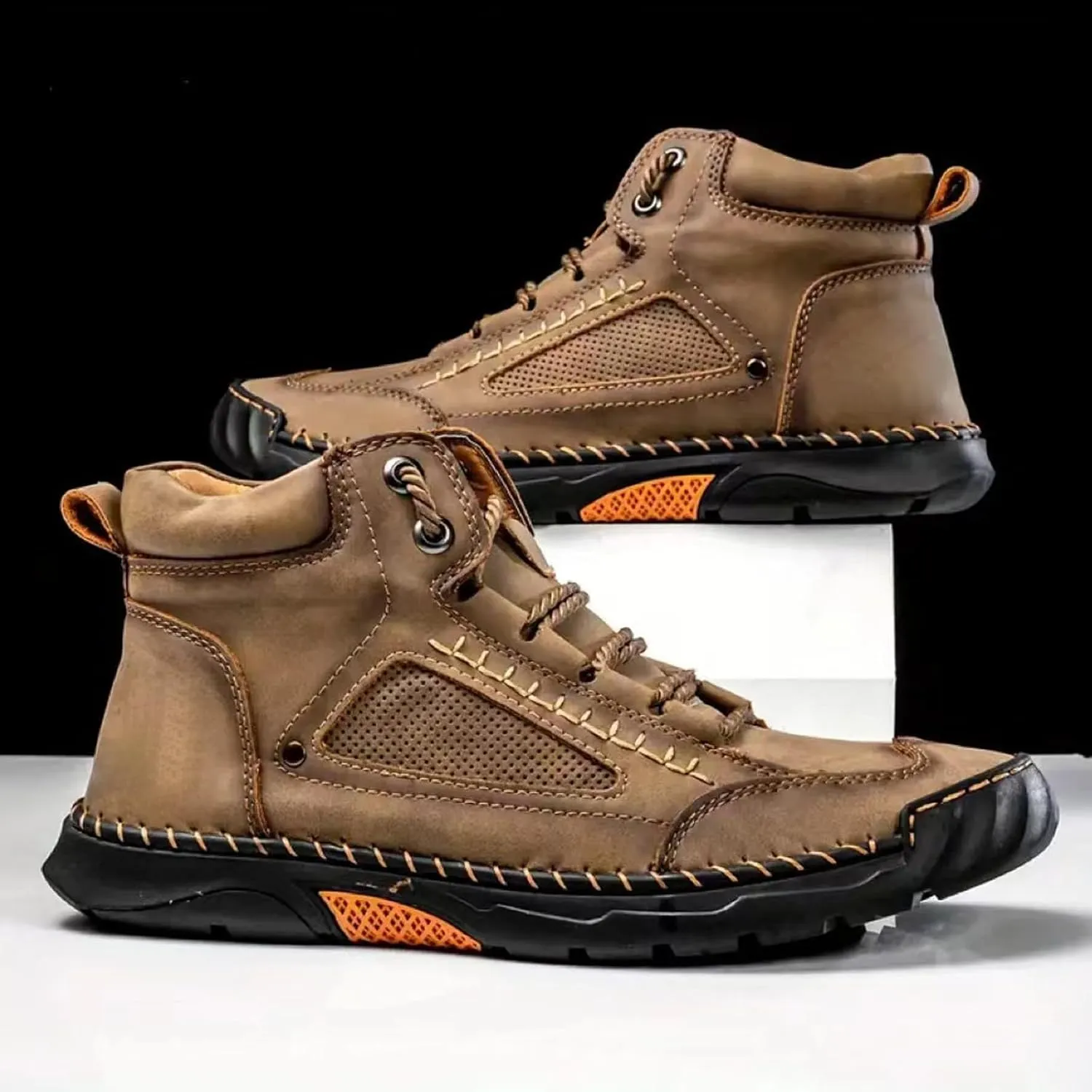 Sawbehind Men's Comfortable Handmade Leather Boots,Arch Support,Spacious Toe Box Outdoor Leather Shoes