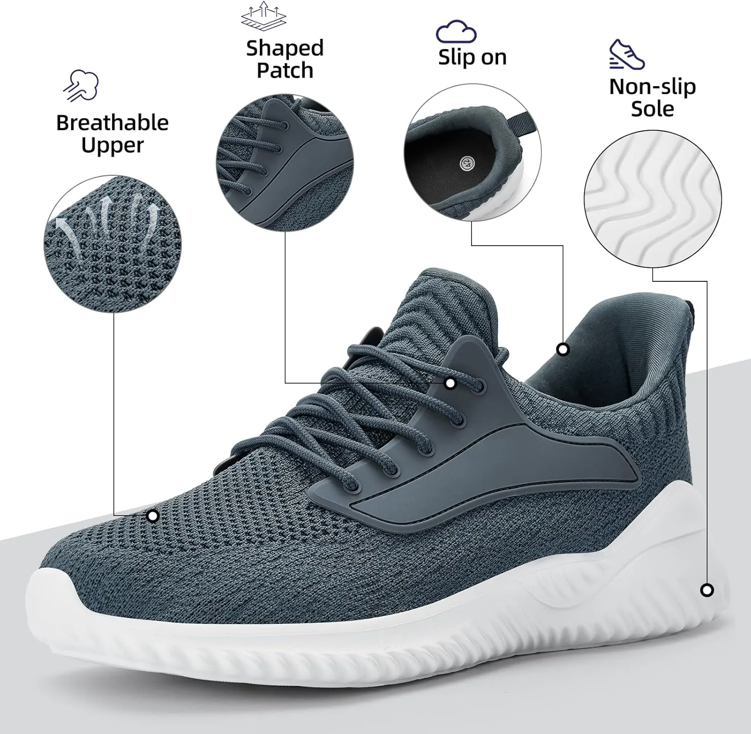 SDolphin Walking Shoes for Mens Sneakers - Slip on Athletic Running Tennis Shoes Comfortable Memory Foam Workout Gym Jogging Indoor Outdoor Lightweight Breathable Casual Sneakers