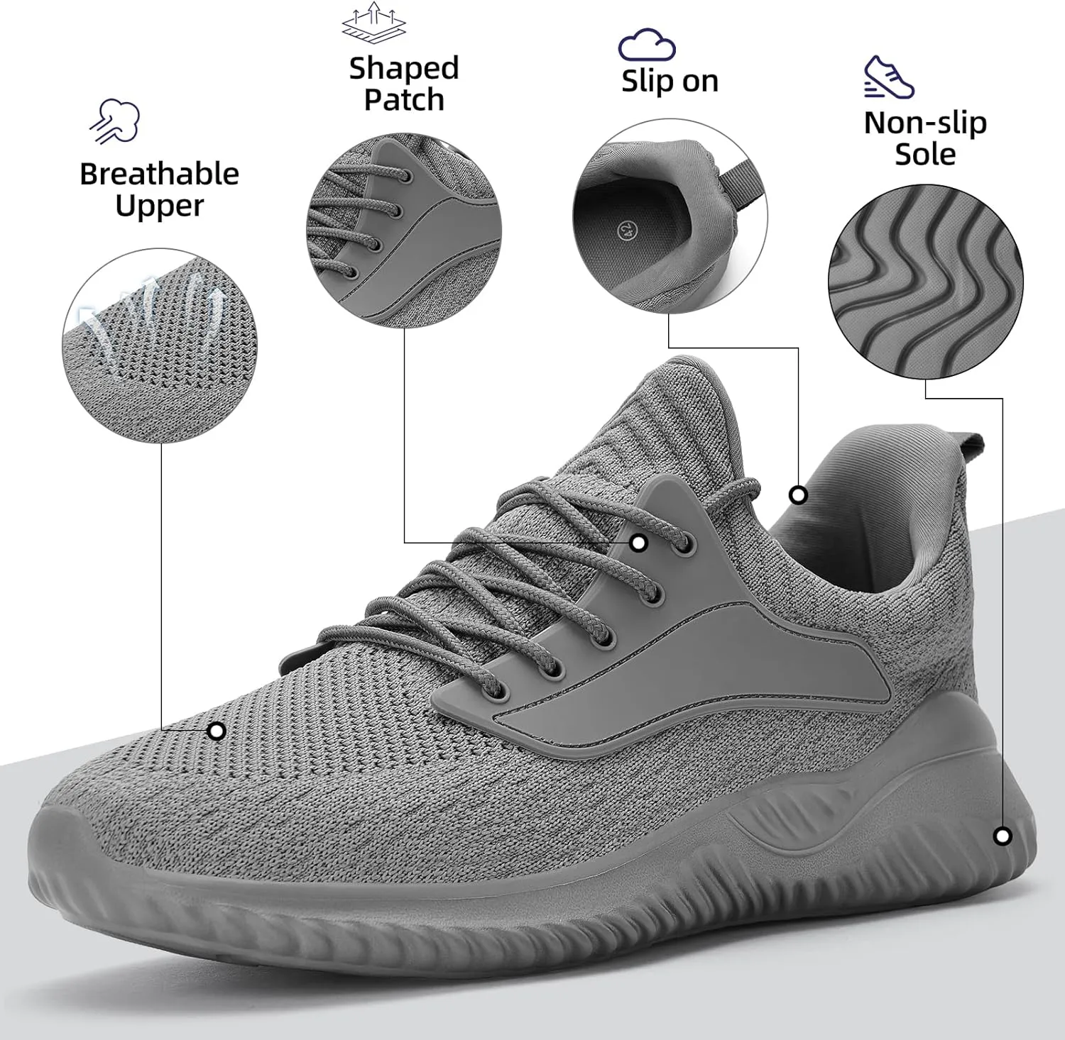 SDolphin Walking Shoes for Mens Sneakers - Slip on Athletic Running Tennis Shoes Comfortable Memory Foam Workout Gym Jogging Indoor Outdoor Lightweight Breathable Casual Sneakers