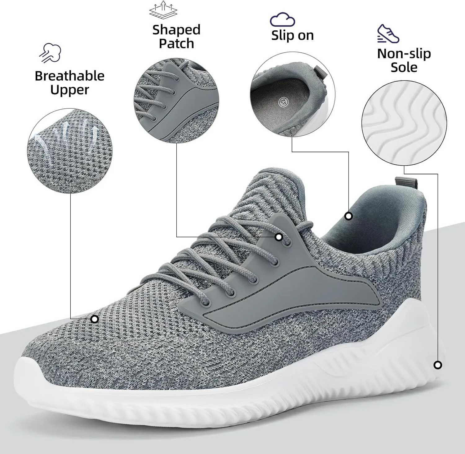 SDolphin Walking Shoes for Mens Sneakers - Slip on Athletic Running Tennis Shoes Comfortable Memory Foam Workout Gym Jogging Indoor Outdoor Lightweight Breathable Casual Sneakers