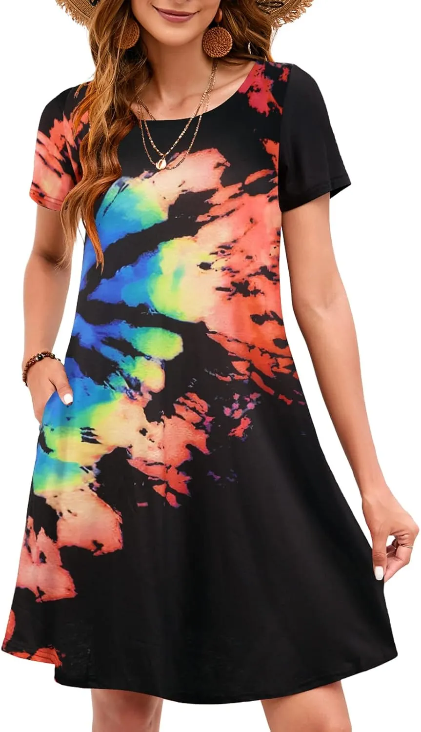 Sherosa Women's Summer Dresses 2025 Beach Boho Sundress Short Sleeve Loose Casual Tshirt Dress with Pockets