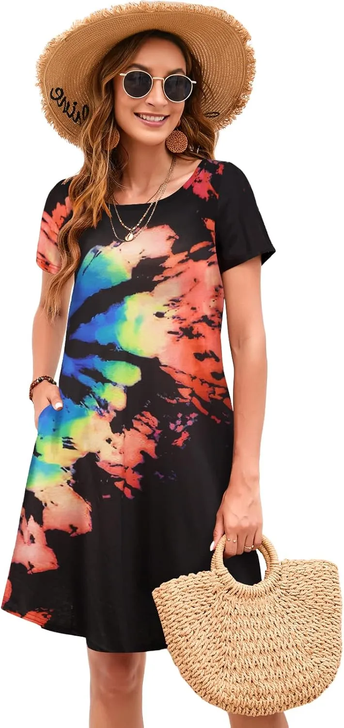 Sherosa Women's Summer Dresses 2025 Beach Boho Sundress Short Sleeve Loose Casual Tshirt Dress with Pockets