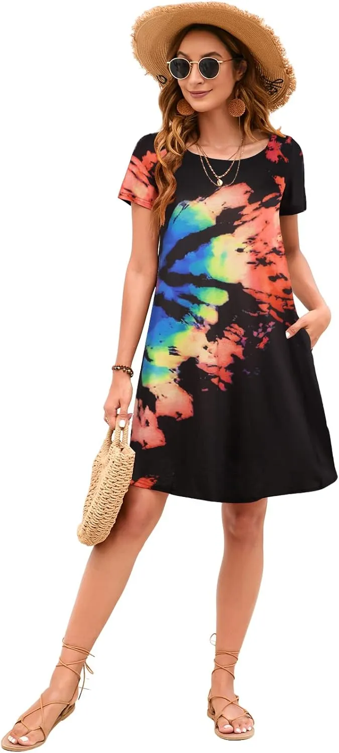 Sherosa Women's Summer Dresses 2025 Beach Boho Sundress Short Sleeve Loose Casual Tshirt Dress with Pockets