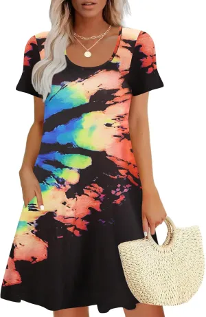 Sherosa Women's Summer Dresses 2025 Beach Boho Sundress Short Sleeve Loose Casual Tshirt Dress with Pockets