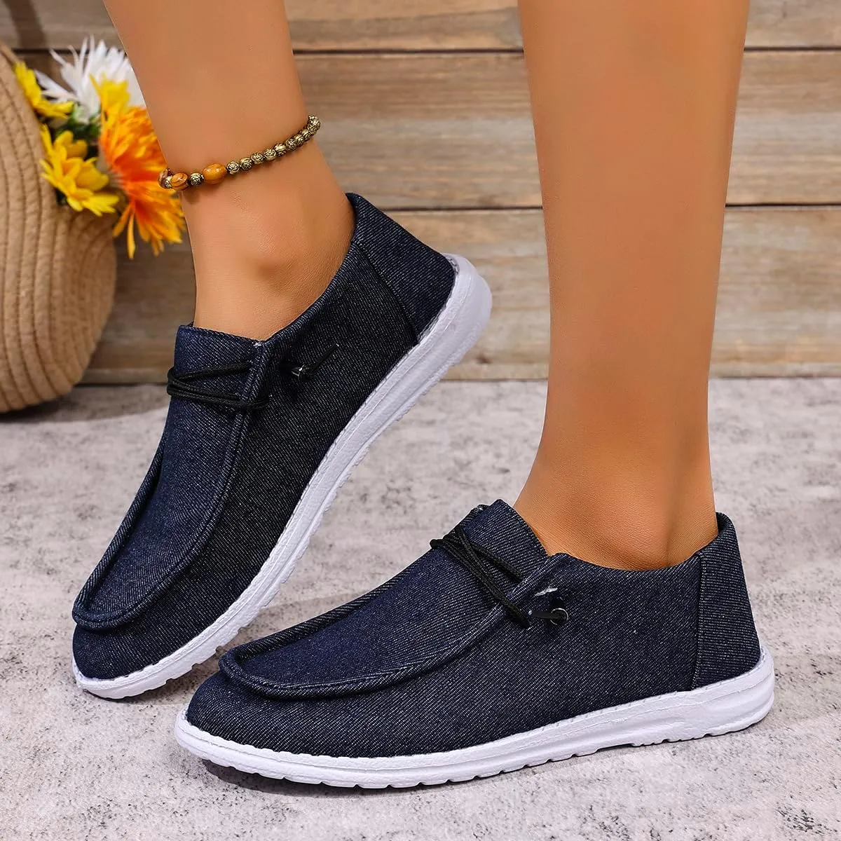 Shesnugin|Women's Black Fabric Slip On Casual Loafers Comfortable Lightweight Breathable Canvas Lace-Up Walking Flat Boat Shoes Ultralight Sole Wide Deck Shoes for Work and Traveling