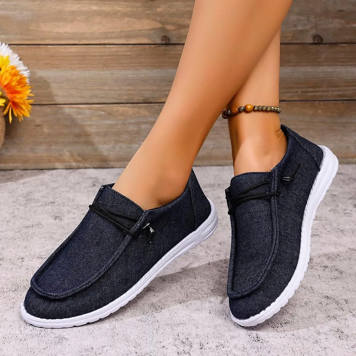 Shesnugin|Women's Black Fabric Slip On Casual Loafers Comfortable Lightweight Breathable Canvas Lace-Up Walking Flat Boat Shoes Ultralight Sole Wide Deck Shoes for Work and Traveling