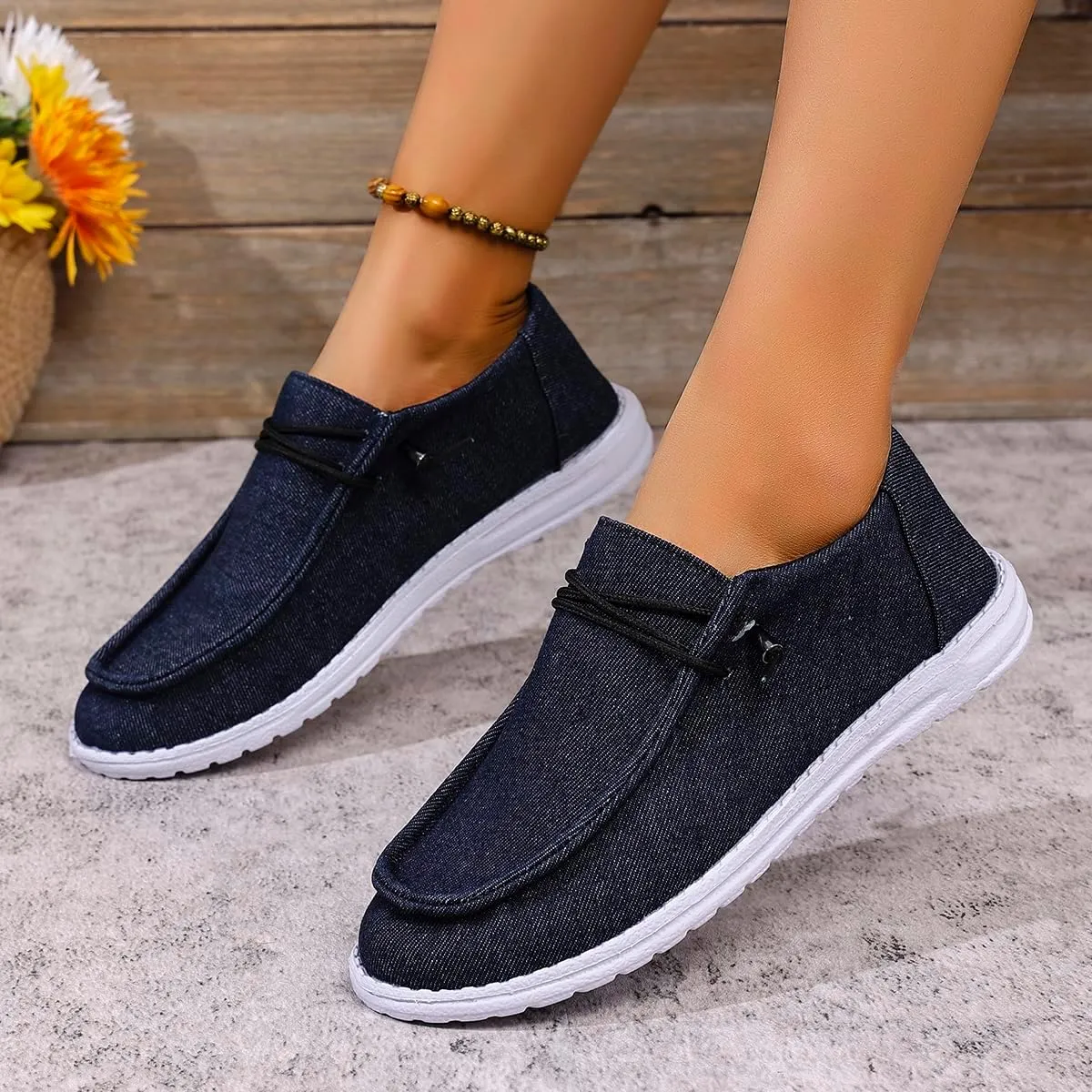 Shesnugin|Women's Black Fabric Slip On Casual Loafers Comfortable Lightweight Breathable Canvas Lace-Up Walking Flat Boat Shoes Ultralight Sole Wide Deck Shoes for Work and Traveling