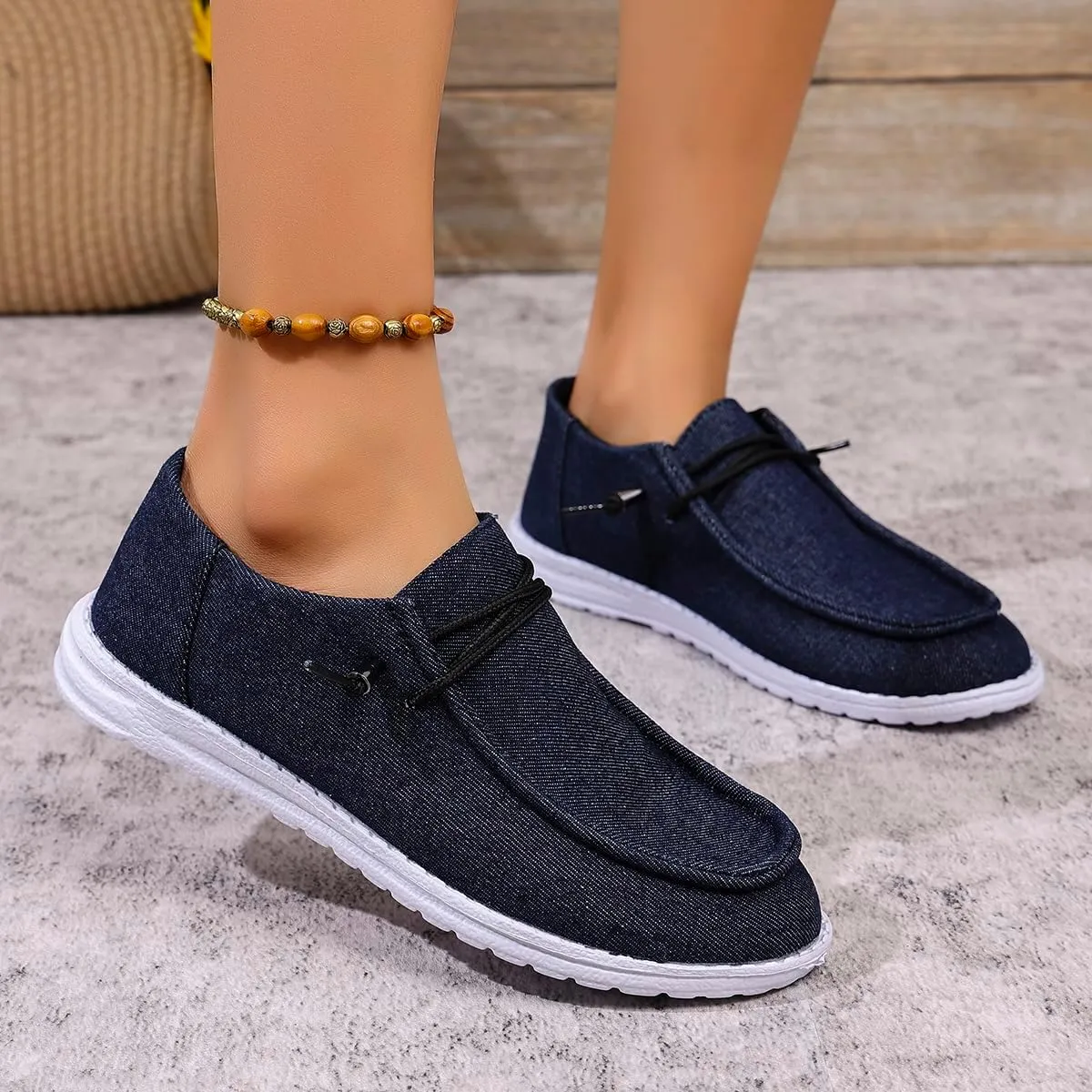 Shesnugin|Women's Black Fabric Slip On Casual Loafers Comfortable Lightweight Breathable Canvas Lace-Up Walking Flat Boat Shoes Ultralight Sole Wide Deck Shoes for Work and Traveling