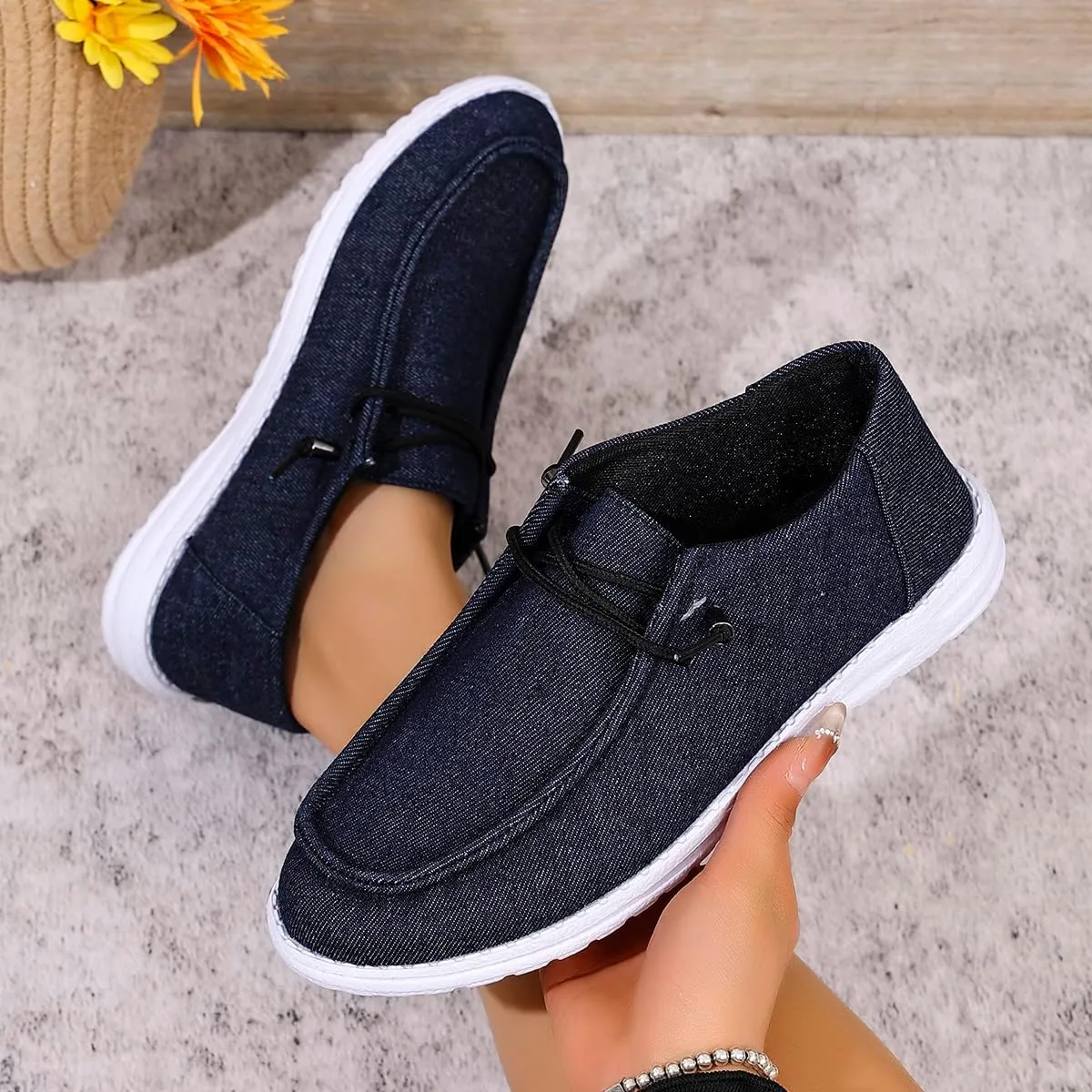Shesnugin|Women's Black Fabric Slip On Casual Loafers Comfortable Lightweight Breathable Canvas Lace-Up Walking Flat Boat Shoes Ultralight Sole Wide Deck Shoes for Work and Traveling