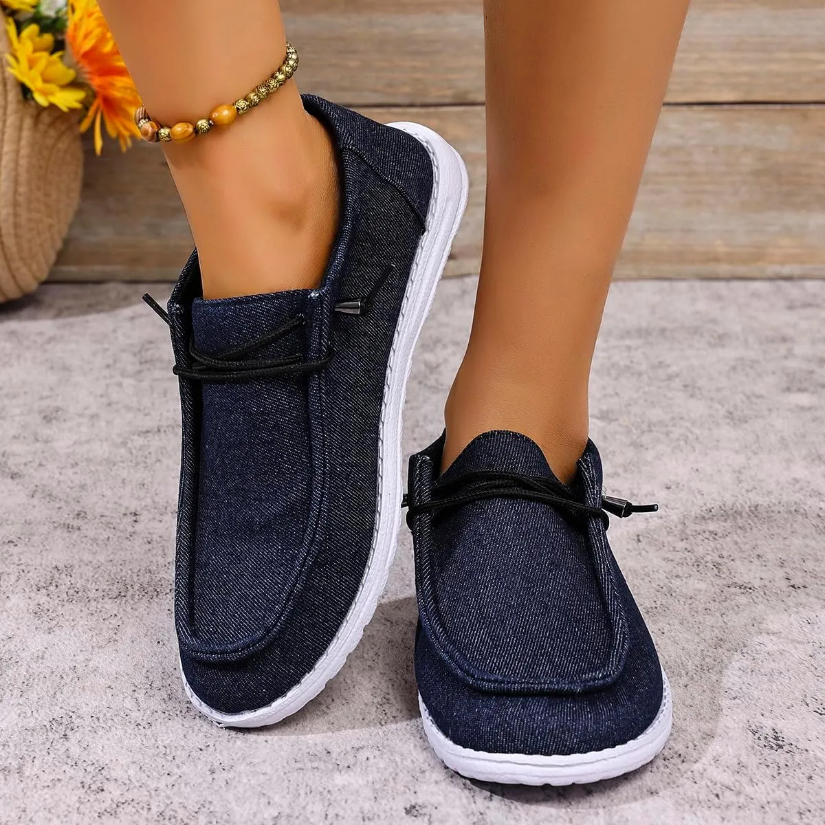 Shesnugin|Women's Black Fabric Slip On Casual Loafers Comfortable Lightweight Breathable Canvas Lace-Up Walking Flat Boat Shoes Ultralight Sole Wide Deck Shoes for Work and Traveling
