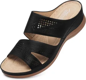 SHIBEVER Wedge Sandals for Women Dressy: Black Casual Walking Sandals Woman Comfort - Slip On Summer Low Open Toe Wedge Shoes Travel Size 10