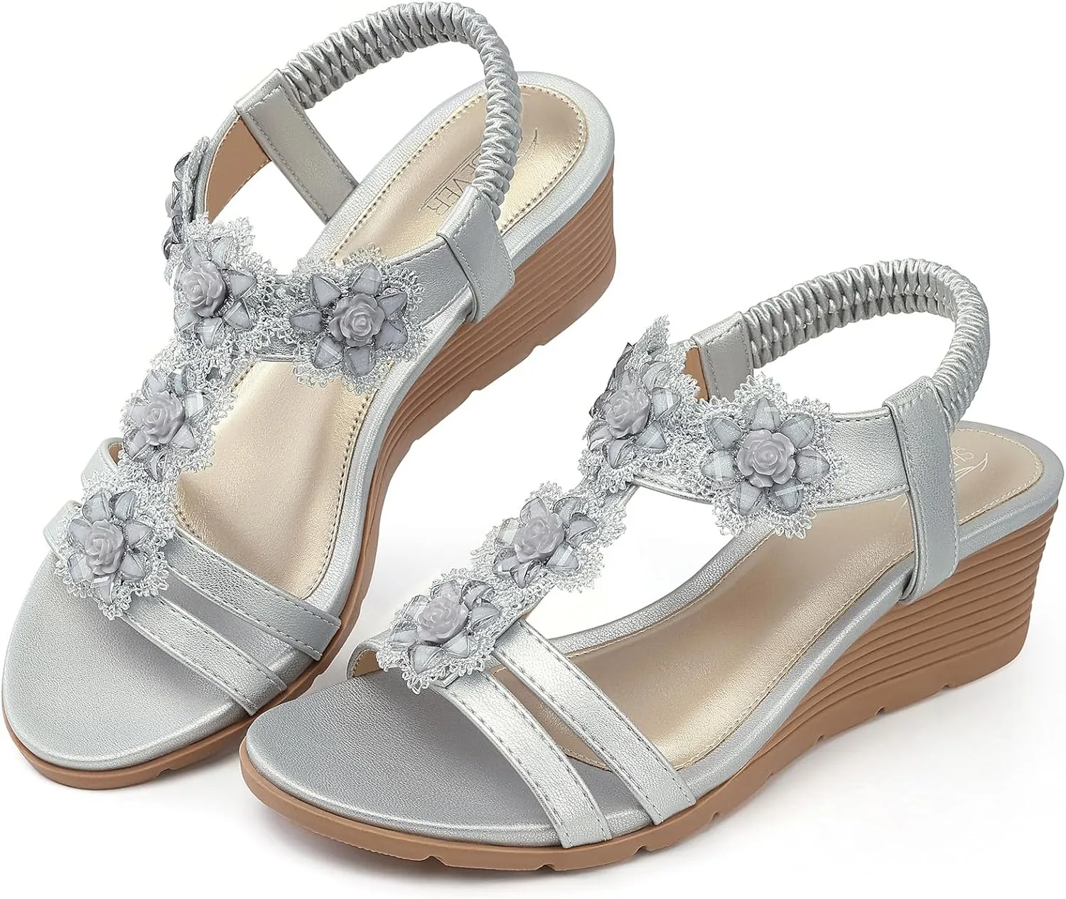 SHIBEVER Womens Sandals Wedge Flower: Open Toe Elastic Ankle Strap Wedge Sandal - Dressy Sandals Women - Comfortable Summer Bohemia