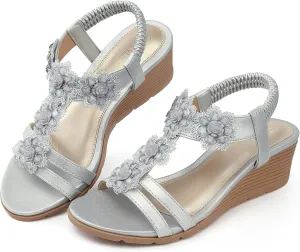 SHIBEVER Womens Sandals Wedge Flower: Open Toe Elastic Ankle Strap Wedge Sandal - Dressy Sandals Women - Comfortable Summer Bohemia