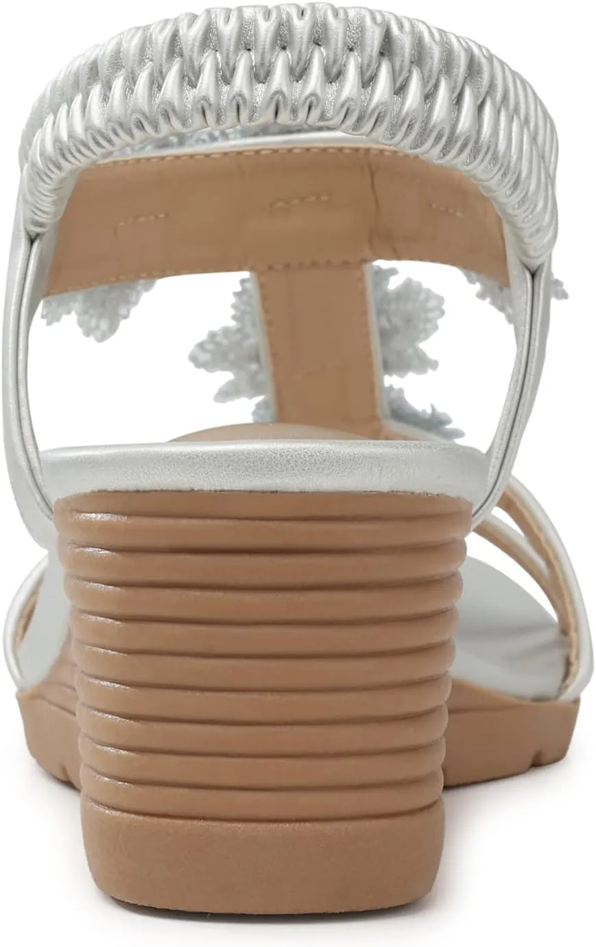 SHIBEVER Womens Sandals Wedge Flower: Open Toe Elastic Ankle Strap Wedge Sandal - Dressy Sandals Women - Comfortable Summer Bohemia