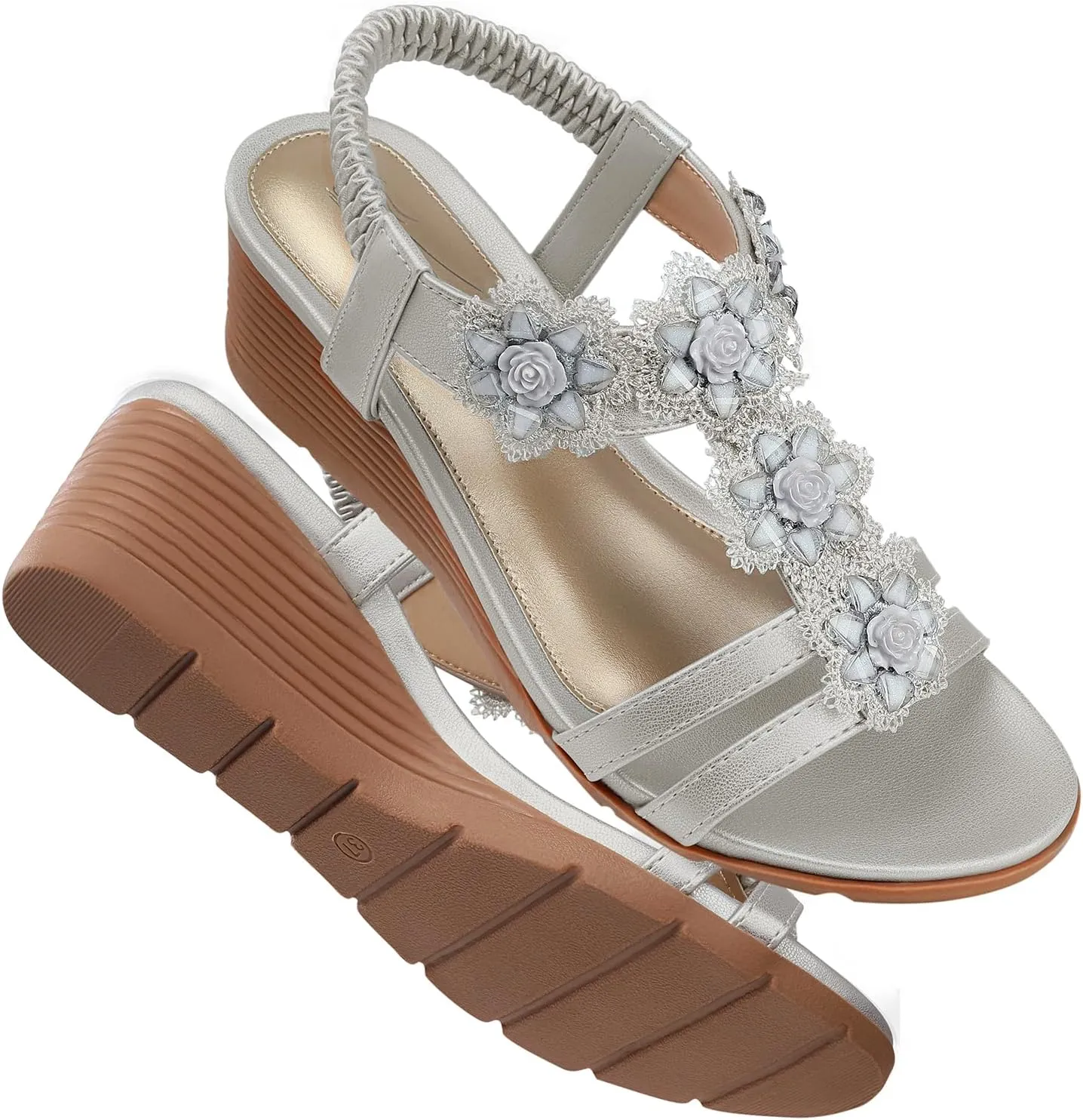 SHIBEVER Womens Sandals Wedge Flower: Open Toe Elastic Ankle Strap Wedge Sandal - Dressy Sandals Women - Comfortable Summer Bohemia