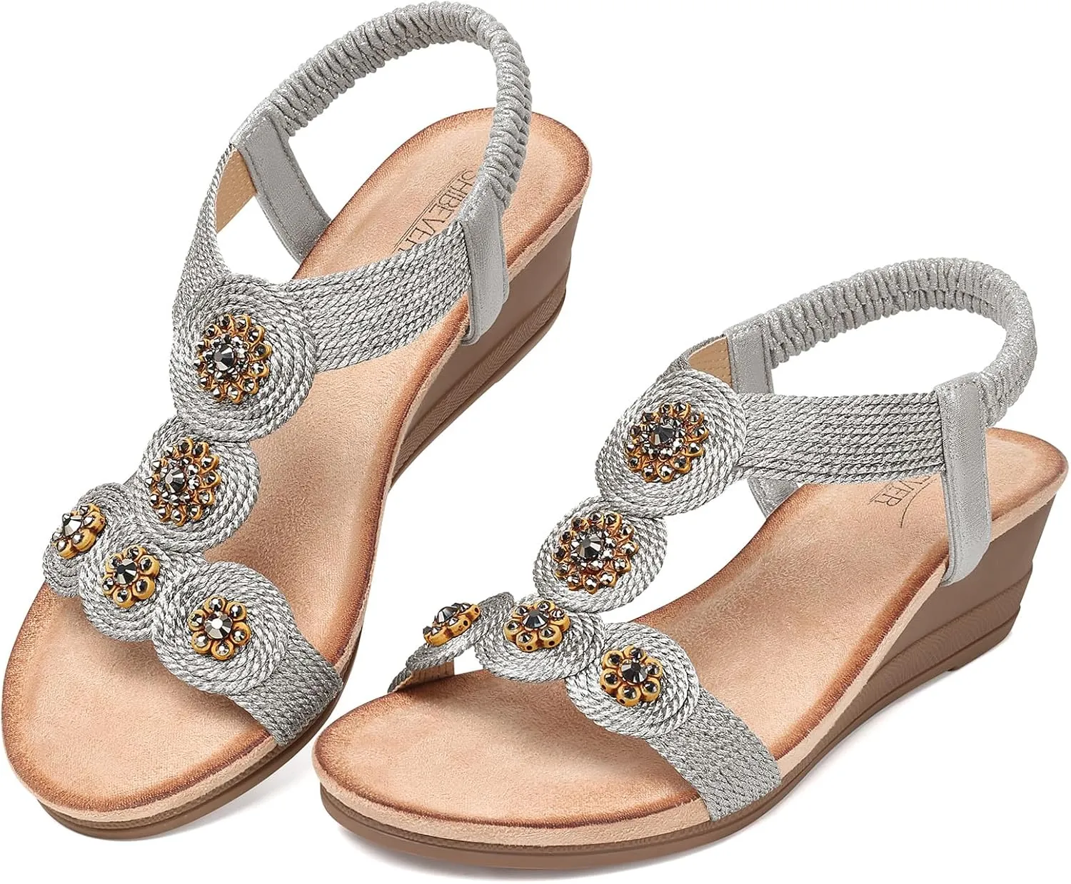 SHIBEVER Womens Sandals Wedge Low: Open Toe Elastic Ankle Strap Wedge Sandal - Dressy Sandals Women - Comfortable Summer