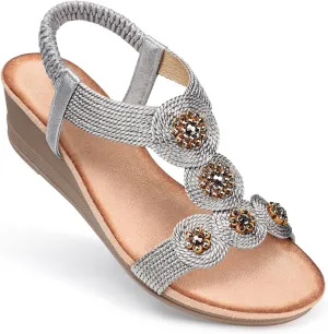 SHIBEVER Womens Sandals Wedge Low: Open Toe Elastic Ankle Strap Wedge Sandal - Dressy Sandals Women - Comfortable Summer