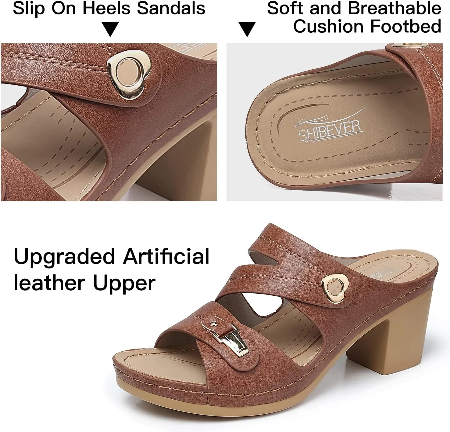 SHIBEVER Women's Summer Sandals, Low Wedge Block Heels, Comfortable PU Leather, Slip-On, Open Toe, Dressy & Casual